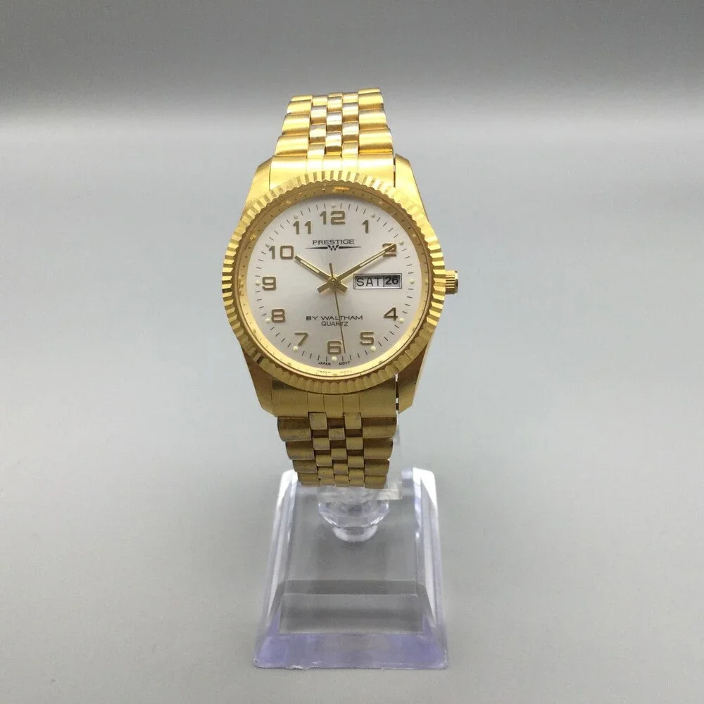 Prestige By Waltham Men Watch 36mm White Dial Gold Tone VPP012 New Battery 7.25
